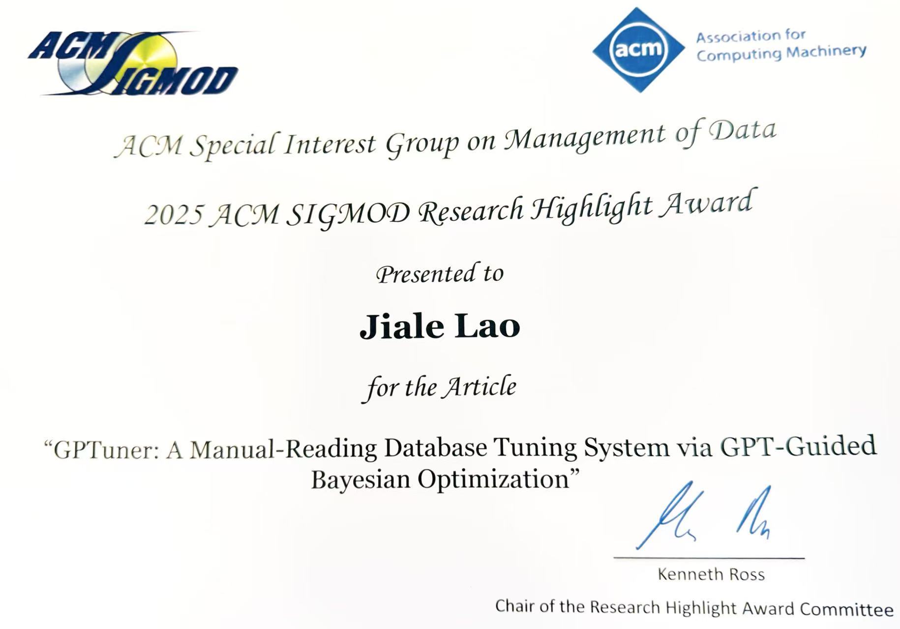 SIGMOD Research Highlight Award 2024